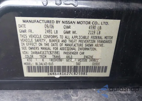 2007 Nissan Maxima 3.5 Se z USA, uszkodzony, nr VIN 1N4BA41E27C825981